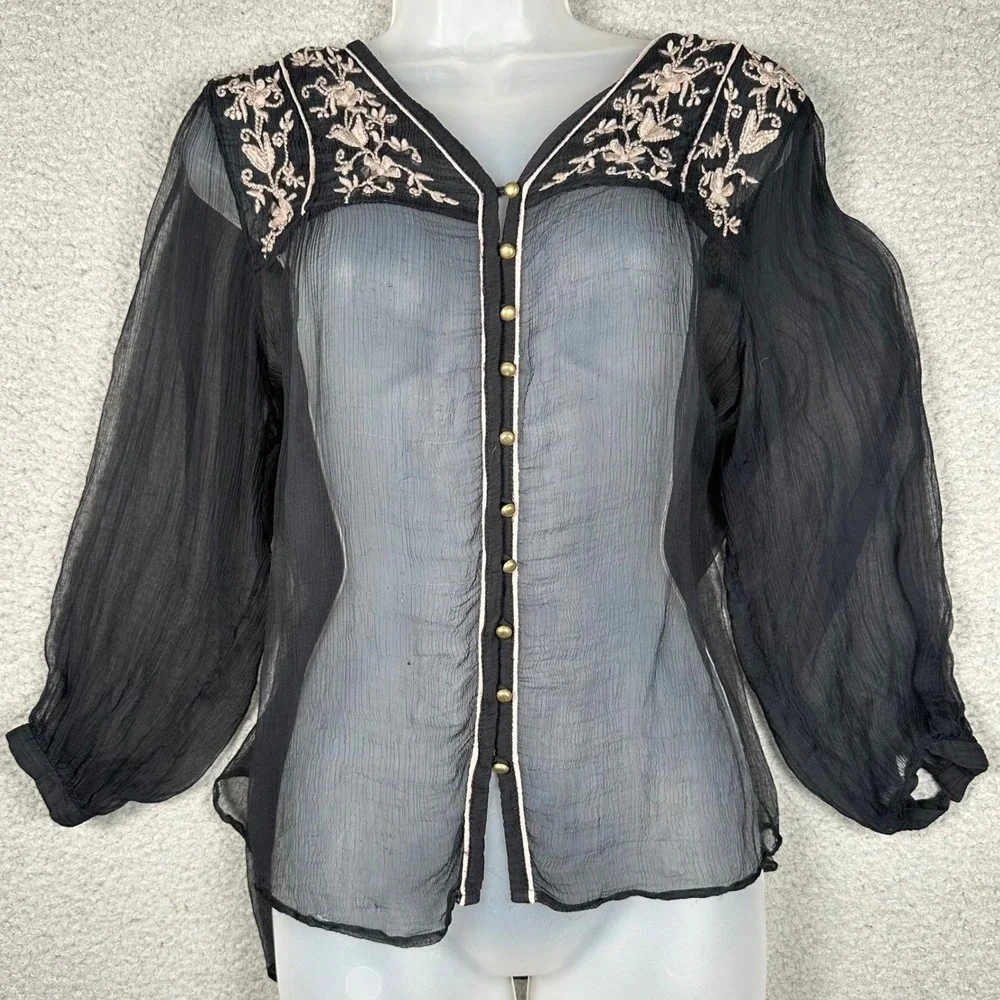 Free People Piped Dreams Blouse Women's S Black Sheer Embroidered Boho Gothic